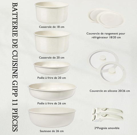 Batterie de Cuisine 11 Pièces Granit Beige – Antiadhésive, Empilable & Élégante