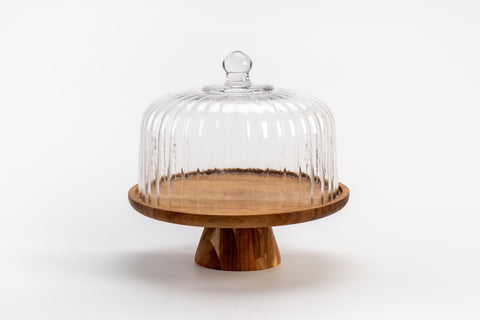 Cloche à gâteau en verre avec pied en bois d'acacia – 31cm