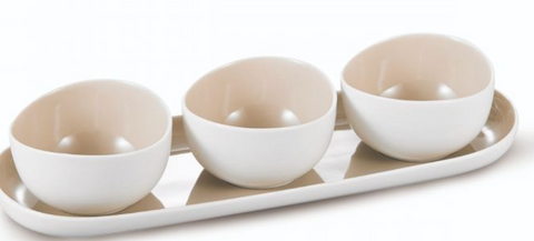 Set Apéro & Dessert COLMAR – 3 Bols Céramique avec Plateau Assorti | Design Chic Blanc & Crème