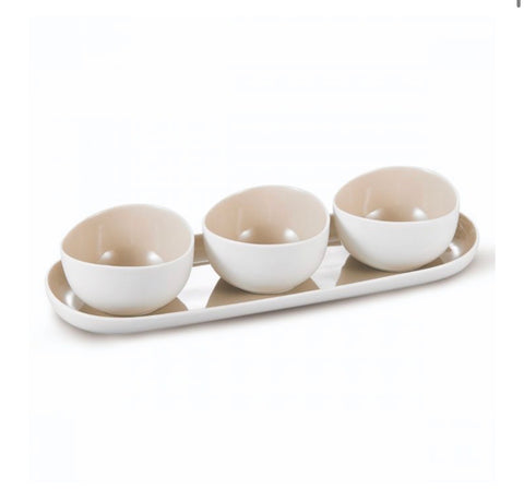 Set Apéro & Dessert COLMAR – 3 Bols Céramique avec Plateau Assorti | Design Chic Blanc & Crème