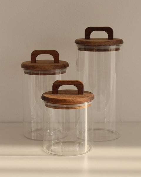 Bocal en verre avec couvercle hermétique en bois d’acacia – Style, fraîcheur & organisation
