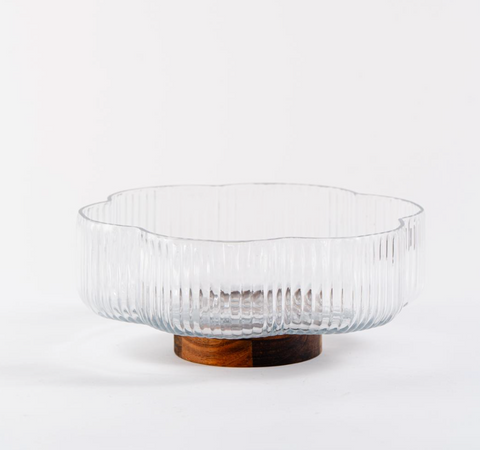 Plat en Verre Ondulé sur Pied Acacia – Design Floral & Élégance Naturelle (Ø26 cm)