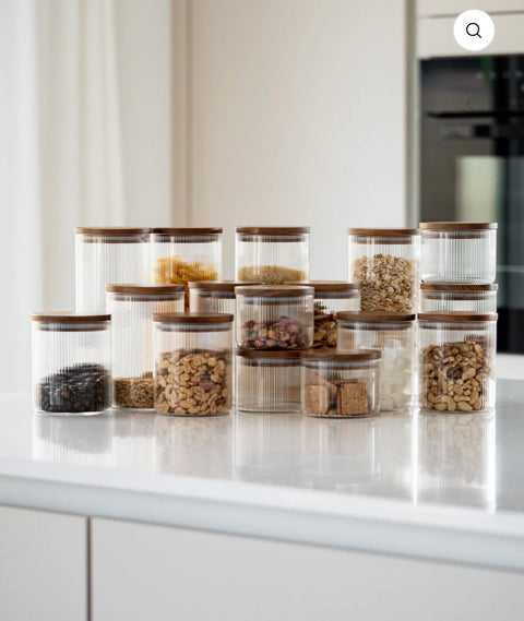 GRAND LOT DE 16 BOITE DE RANGEMENT EN VERRE AVEC COUVERCLE EN BOIS D’ACACIA