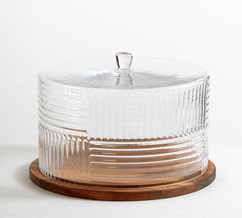 Cloche à Gâteau Ronde Verre à Carreaux & Bois d’Acacia – Présentation Raffinée (Ø30,5 cm)