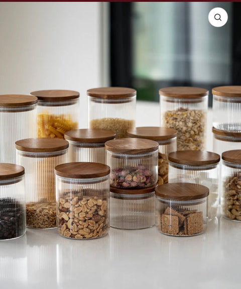 GRAND LOT DE 16 BOITE DE RANGEMENT EN VERRE AVEC COUVERCLE EN BOIS D’ACACIA