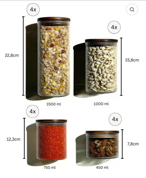 GRAND LOT DE 16 BOITE DE RANGEMENT EN VERRE AVEC COUVERCLE EN BOIS D’ACACIA