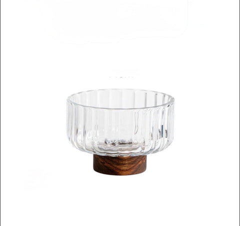 Saladier en Verre Strié sur Base Bois d’Acacia – Élégance Minimaliste - Ø14cm