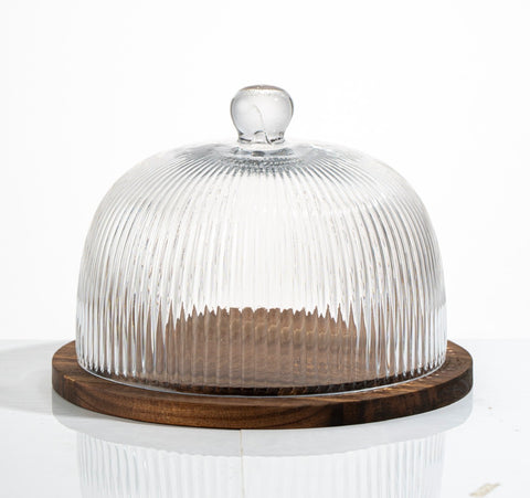 Cloche à Gâteau Ronde Verre à Carreaux & Bois d’Acacia – Présentation Raffinée (Ø30,5 cm)