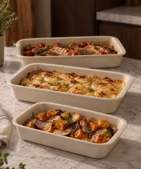 Plat de cuisson en verre beige Set de 3 pièces rectangulaire