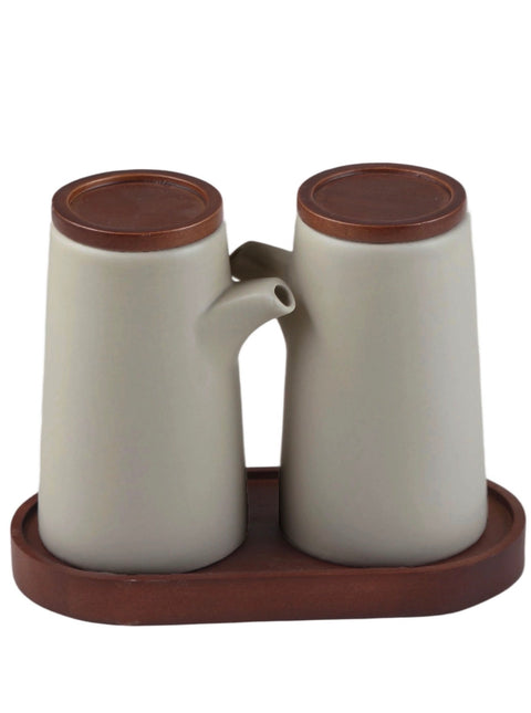 Ensemble d'huile et de vinaigre TERRA en porcelaine sur support en bois d'acacia