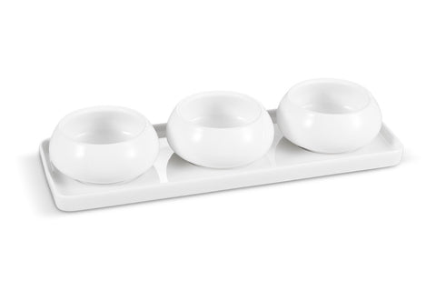 Plateau + 3 bols BONDY en porcelaine blanche