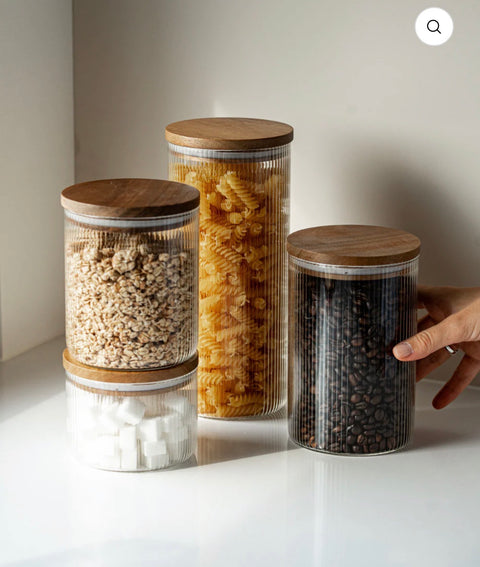 GRAND LOT DE 16 BOITE DE RANGEMENT EN VERRE AVEC COUVERCLE EN BOIS D’ACACIA