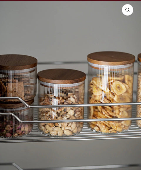 GRAND LOT DE 16 BOITE DE RANGEMENT EN VERRE AVEC COUVERCLE EN BOIS D’ACACIA