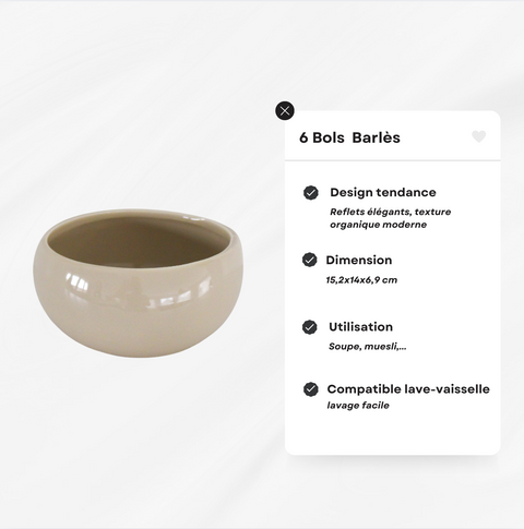 Bols Barlès – Lot de 6 beige (15,2 × 14 × 6,9 cm)