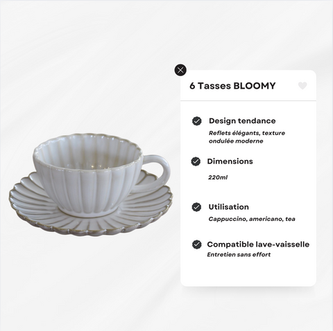 Tasses et sous-tasses en porcelaine Bloomy – Lot de 6 (220 ml)