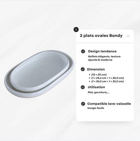 Plats ovales Bondy en céramique blanche brillante – Ensemble de 2