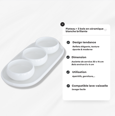Plateau + 3 bols en porcelaine blanche