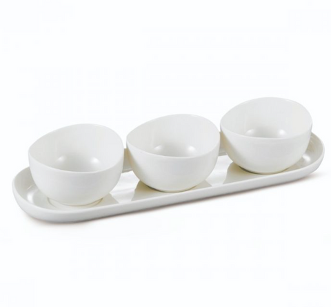 Set Apéro & Dessert COLMAR  – 3 Bols Céramique avec Plateau Assorti | Design Chic Blanc
