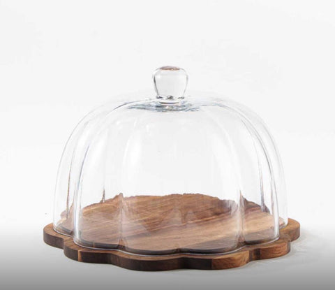 Cloche à Gâteaux – Verre Strié & Base en Bois d’Acacia (Ø30,5 cm)