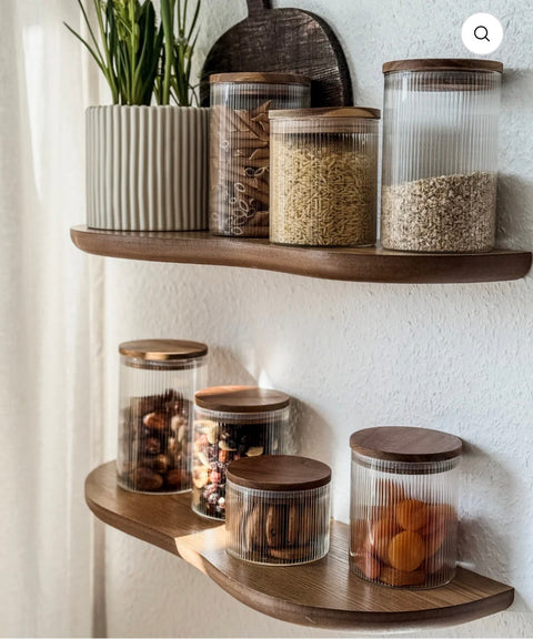 GRAND LOT DE 16 BOITE DE RANGEMENT EN VERRE AVEC COUVERCLE EN BOIS D’ACACIA