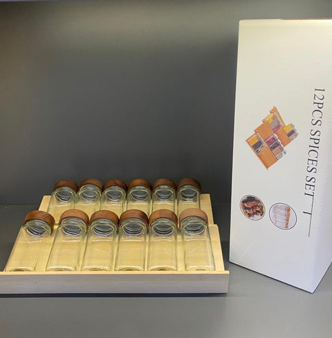 Pots à épices  avec couvercles en bois d'acacia | 12 pièces | 120 ml  + 2 planche à rangement