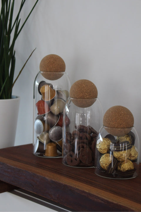 Ensemble de 3 Bocaux en Verre avec Couvercles Boule en Liège – 400 ml / 700 ml / 950 ml