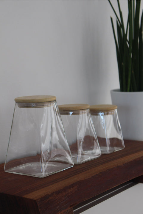 Ensemble de 3 Bocaux Cubiques en Verre & Bois – 350 ml, 500 ml, 900 ml