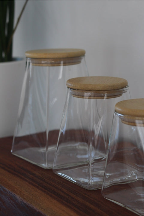 Ensemble de 3 Bocaux Cubiques en Verre & Bois – 350 ml, 500 ml, 900 ml