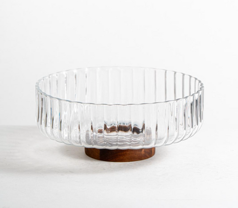 Plat en Verre Strié sur Base Bois d’Acacia – Élégance Minimaliste (Ø26 cm)