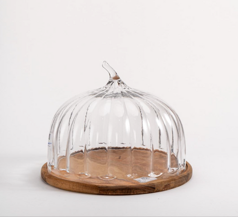 Cloche à Gâteaux – Verre Strié & Base en Bois d’Acacia (Ø30,5 cm)