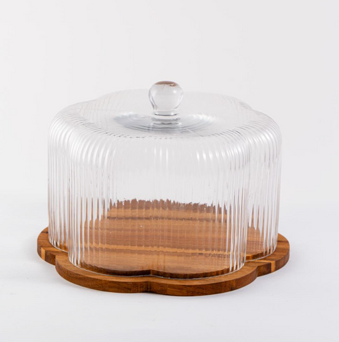 Cloche FLOWER en Verre Strié & Bois d’Acacia – Élégance Gourmande (Ø22,5 cm)