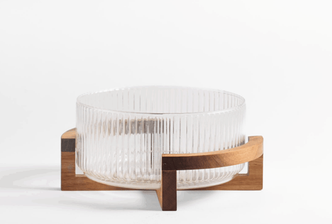 Plat en Verre Strié avec Support en Acacia