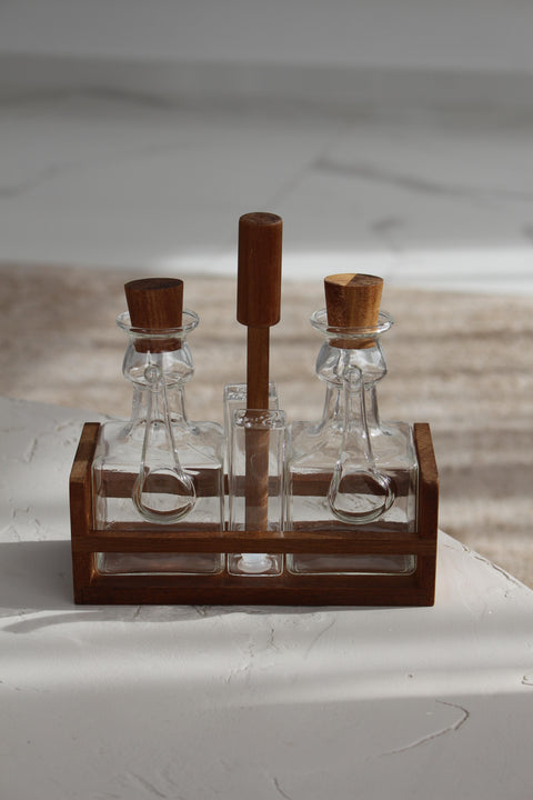 Ensemble huiliers, salière et poivrière en verre borosilicate et bois d'acacia