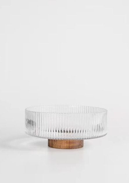 Saladier Riffle sur pied en verre et bois d'acacia - 21 cm