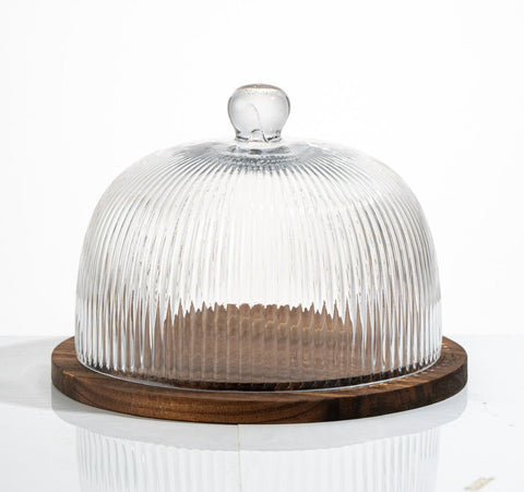 Cloche à Gâteau Ronde Verre à Carreaux & Bois d’Acacia – Présentation Raffinée (Ø30,5 cm) - Ena Home