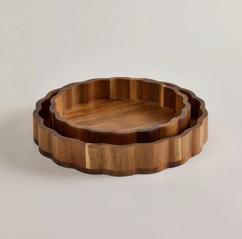 Ensemble de Plats en bois d'acacia 2 pièces | Bord ondulé | 25 et 20 cm - Ena Home