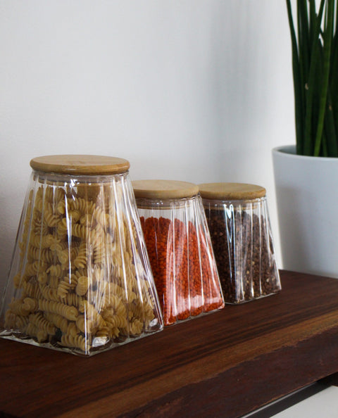 Lot de 3 bocaux en verre avec couvercles en bois - cube rayé