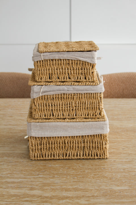 Lot de 3 Corbeilles Carrées Tressées Doublure Lin