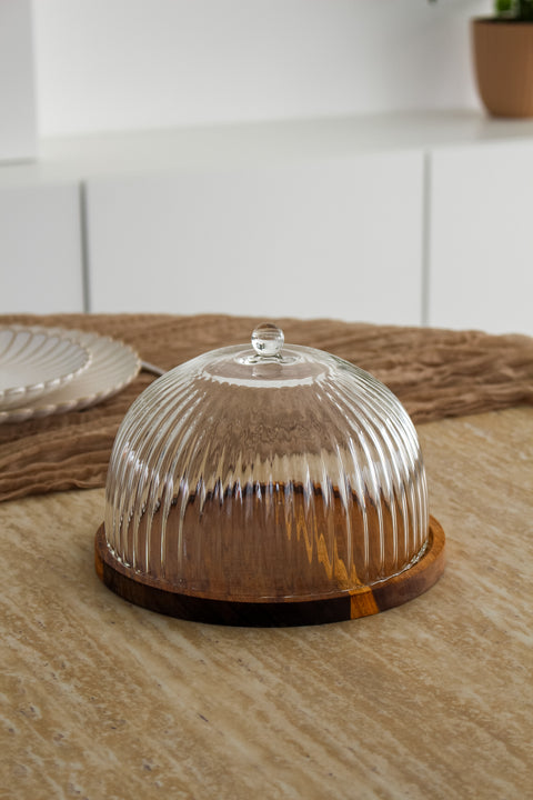 Cloche à gâteau LUANA – Verre soufflé & plateau en bois d’acacia (Ø 21 cm)