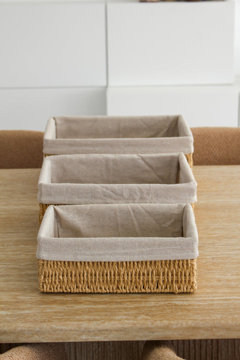 Lot de 3 Corbeilles Rectangulaires Tressées avec Doublure Lin