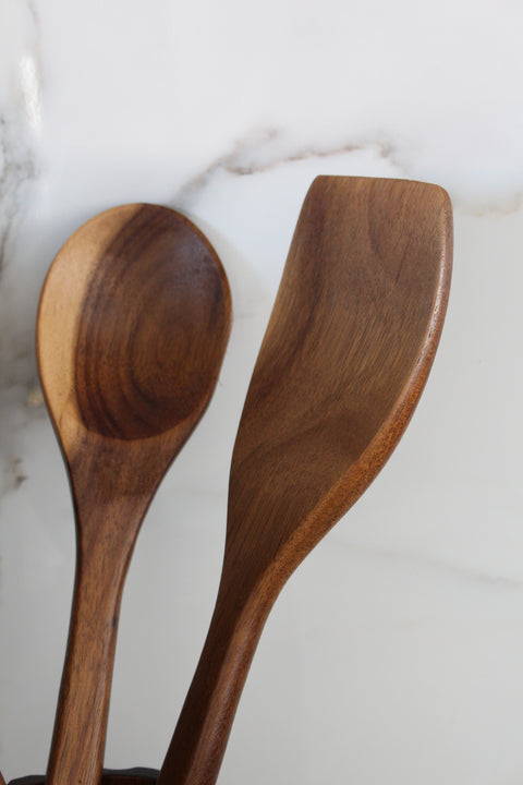 Set ustensiles de cuisine en bois d'acacia avec porte-ustensiles