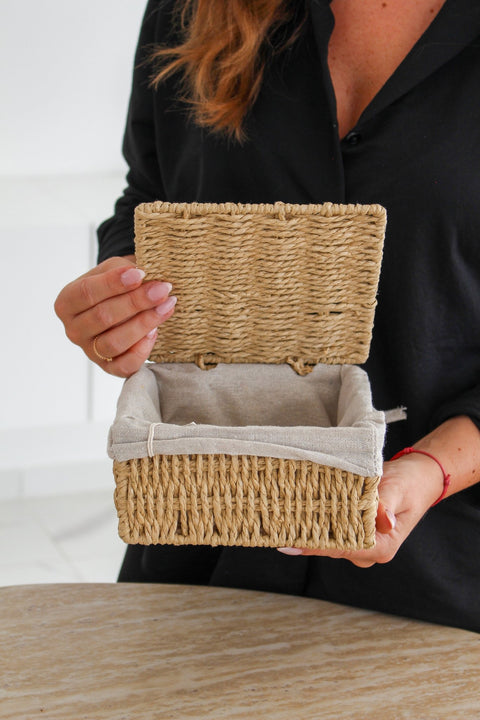 Lot de 3 Corbeilles Carrées Tressées Doublure Lin - Ena Home