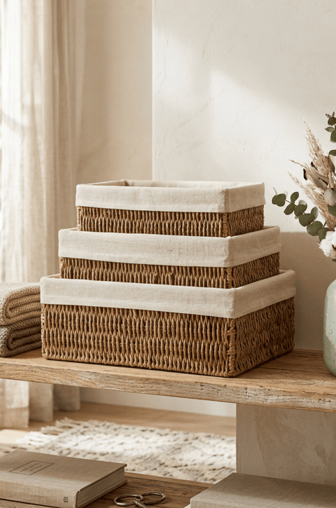 Lot de 3 Corbeilles Rectangulaires Tressées avec Doublure Lin - Ena Home