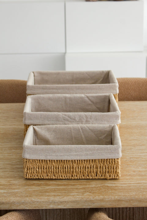 Lot de 3 Corbeilles Rectangulaires Tressées avec Doublure Lin - Ena Home