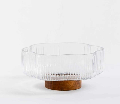 Plat en Verre Ondulé sur Pied Acacia – Design Floral & Élégance Naturelle (Ø21 cm ) - Ena Home