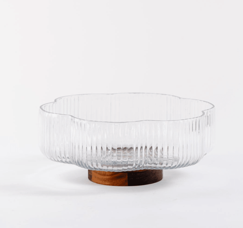 Plat en Verre Ondulé sur Pied Acacia – Design Floral & Élégance Naturelle (Ø26 cm) - Ena Home