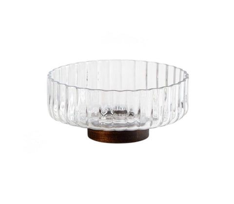 Saladier en Verre Strié sur Base Bois d’Acacia – Élégance Minimaliste – Ø21 cm - Ena Home