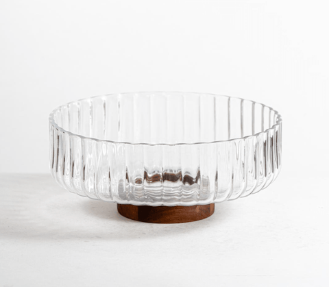 Saladier en Verre Strié sur Base Bois d’Acacia – Élégance Minimaliste - Ø26 cm - Ena Home