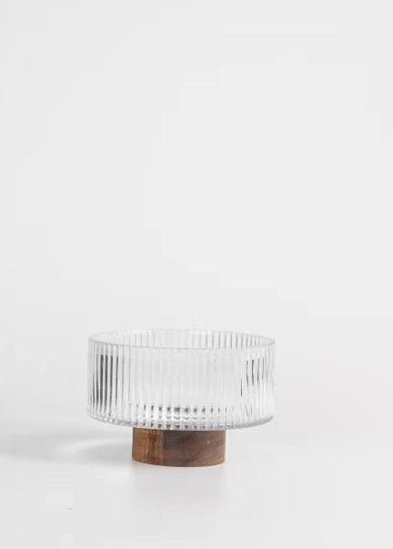 Saladier riffle sur pied en verre et bois d'acacia - 15 cm - Ena Home