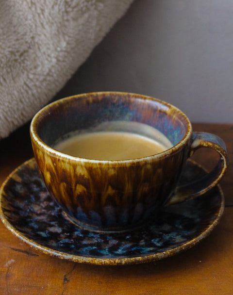 Resto cup with ceramic saucer with scale effect - Blue, Brown and Beige - 30cl, Ø15cm